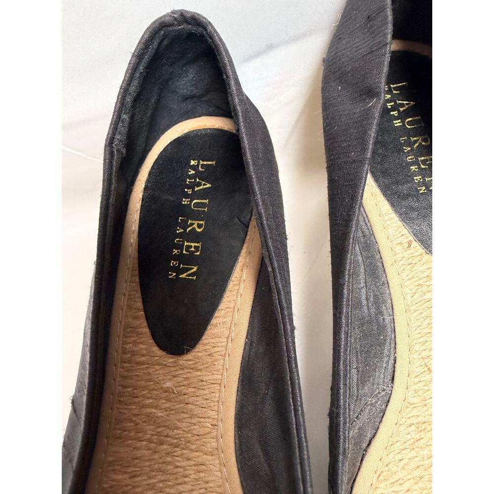 Lauren Ralph Lauren Cecilia Espadrille Wedge Sandals Shantung Black Peep Toe 8.5 - Picture 3 of 6